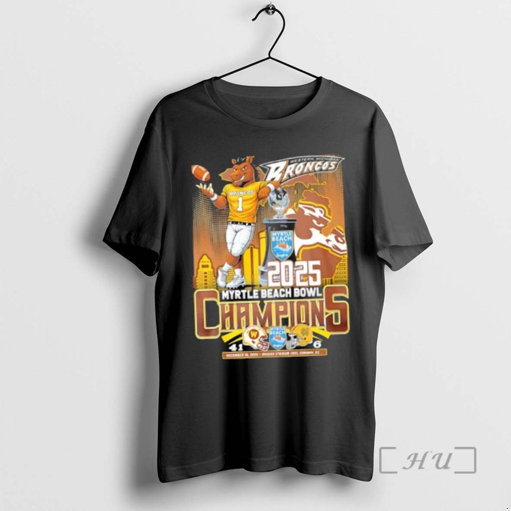 Trending 2025 Myrtle Beach Bowl Champions Western Michigan Broncos Mascot Skyline Premium T Shirts Sweater Hoodie, Sweatshirt