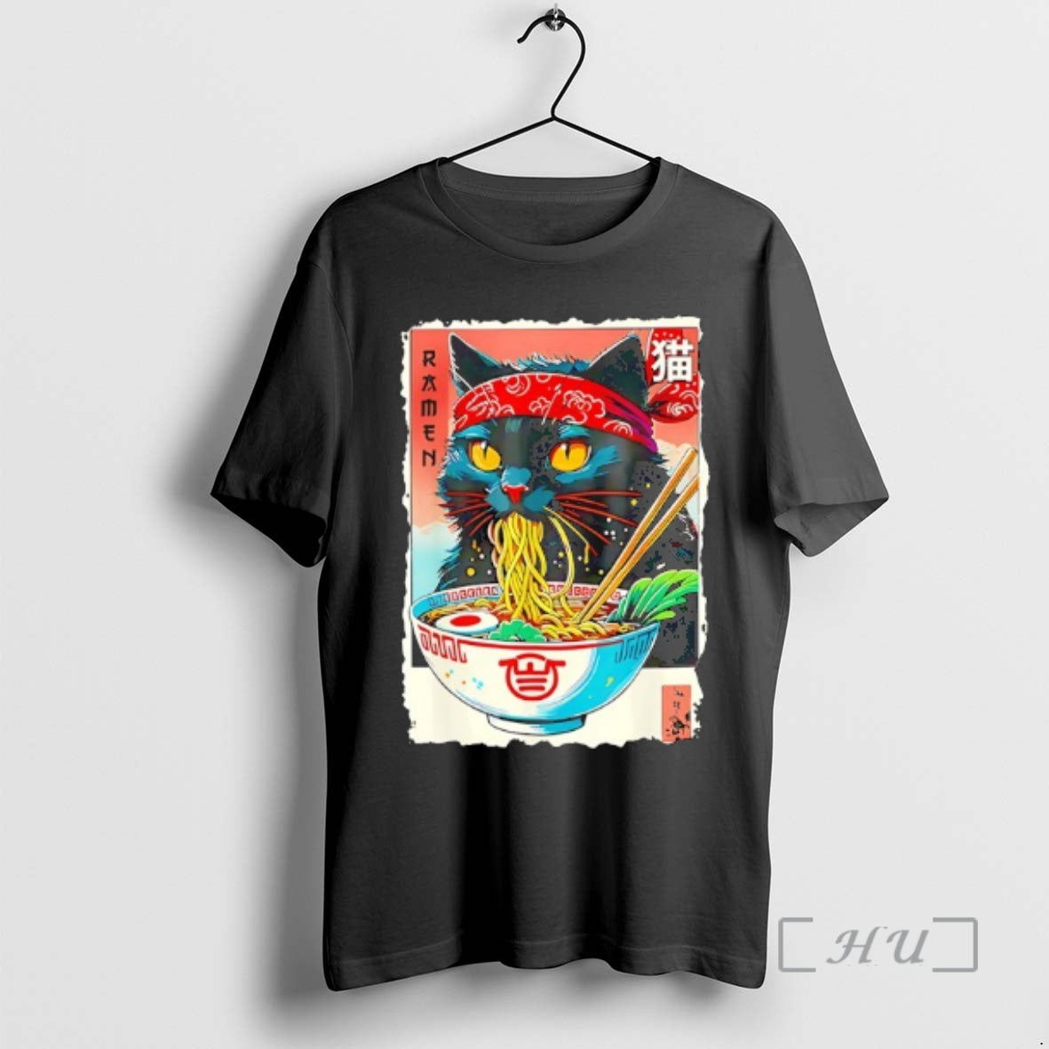 Trending Black Cat Weaing Headband And Eating Ramen Japanese Kawaii T-Shirts, Hoodie, Sweatshirt | PopFlextees.com