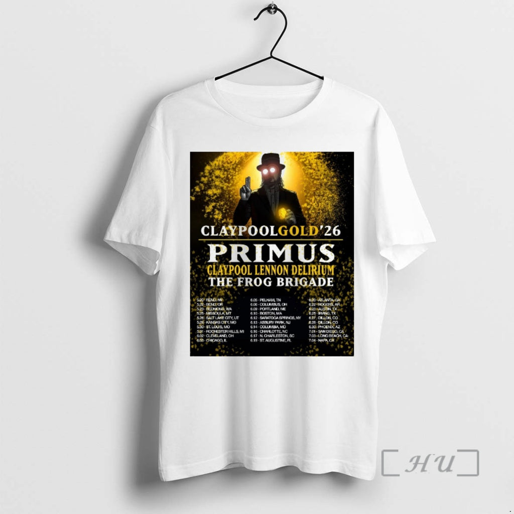 Trending Claypool Gold 26 Primus Claypool Lennon Delirium The Frog Brigade Premium T Shirts Sweater Hoodie, Sweatshirt