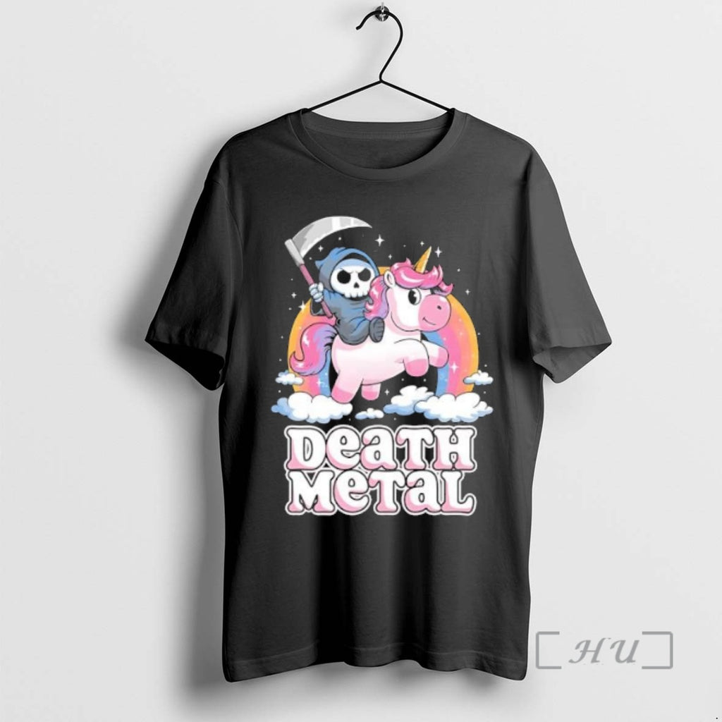 Trending Death Metal Grim Reaper Riding Unicorn Cartoon T-Shirts, Hoodie, Sweatshirt | PopFlextees.com