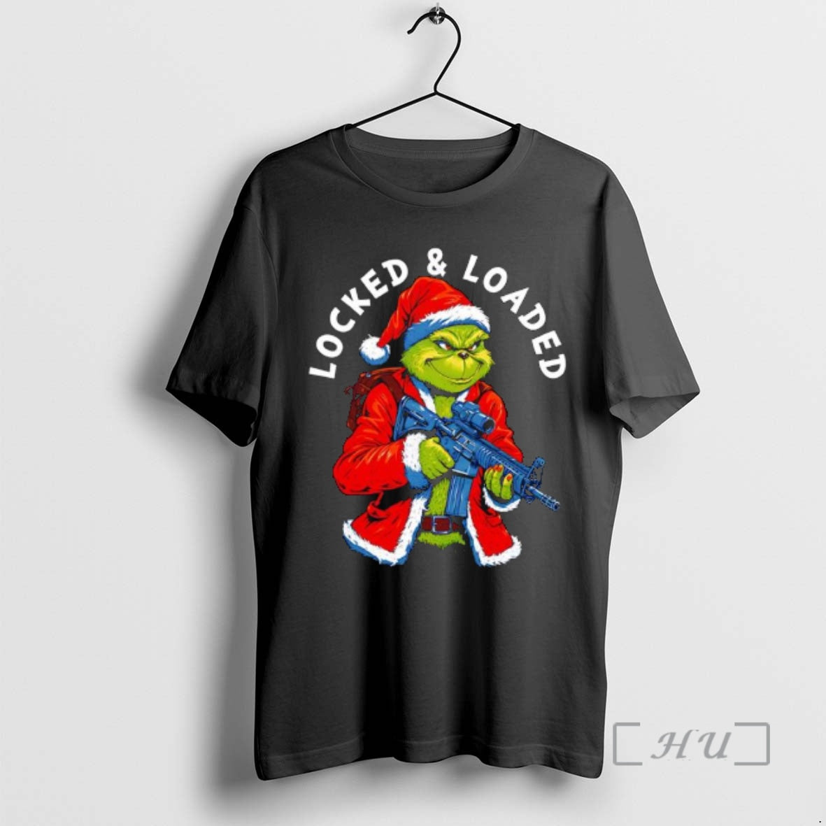 Trending Grinch Santa Suit Rifle Locked Loaded T-Shirts, Hoodie, Sweatshirt | PopFlextees.com