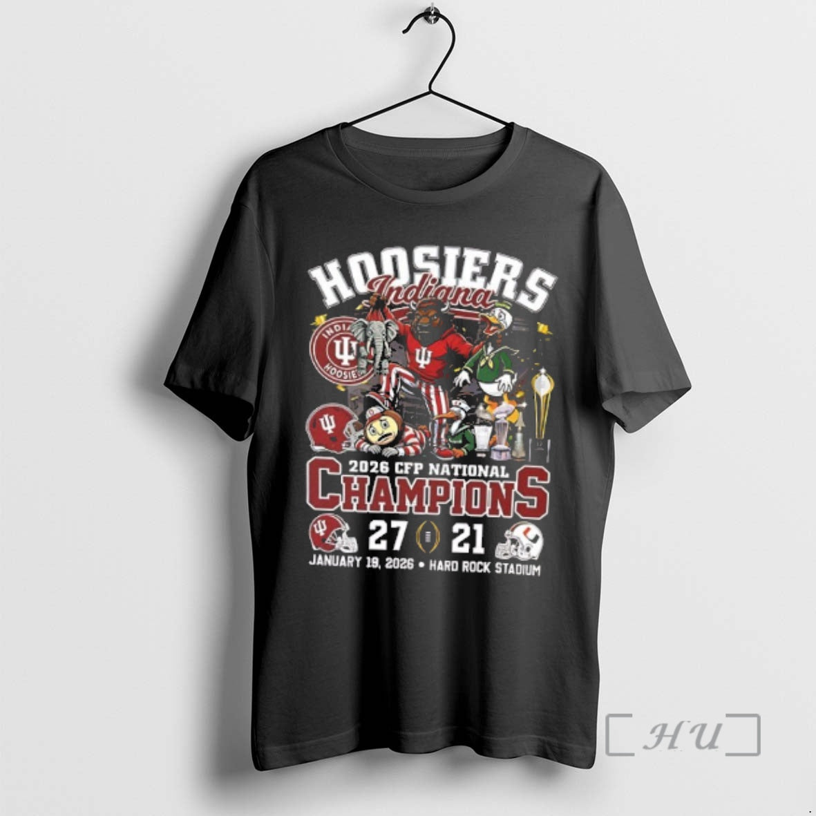 Trending Indiana 27 21 Miami Win 2026 College Football National Champions Mascot 2 Sided Premium T-Shirts, Hoodie, Sweatshirt