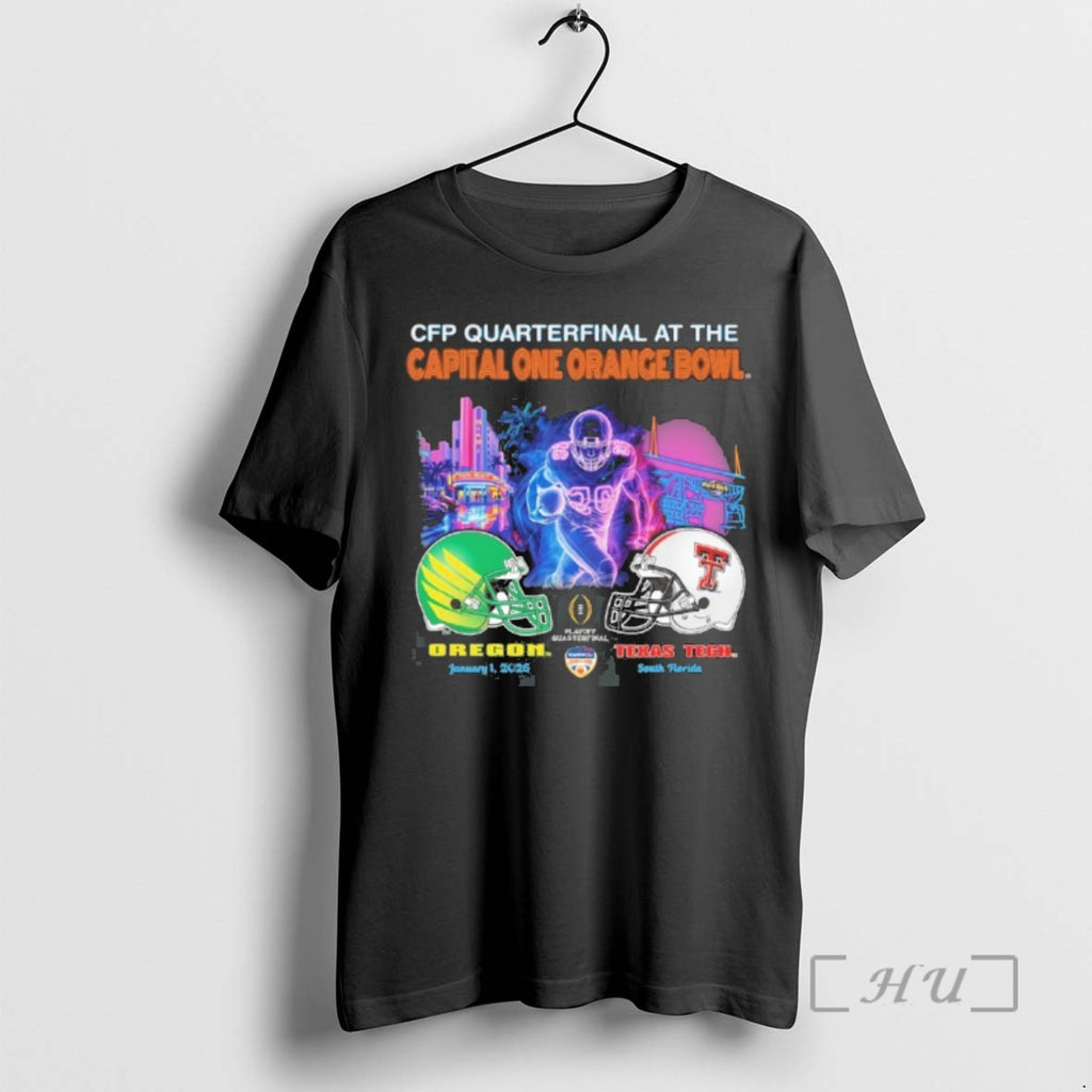 Trending Oregon Vs Texas Tech 2026 Cfp Orange Bowl Art Deco Game Premium T Shirts Hoodie, Sweatshirt | PopFlextees.com