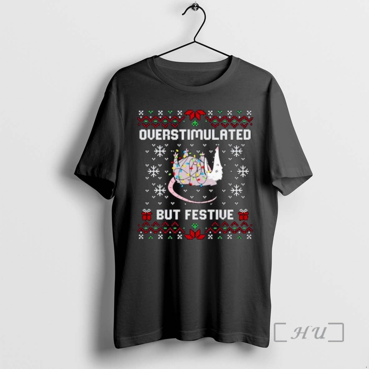 Trending Possum Overstimulated But Festive Ugly Christmas Ornaments T-Shirts, Hoodie, Sweatshirt | PopFlextees.com