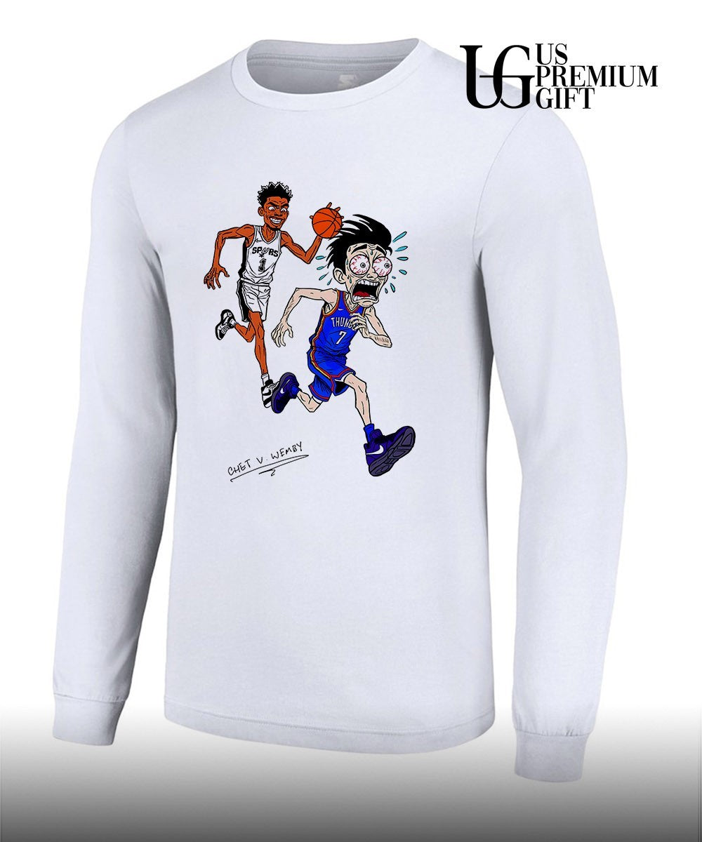 Victor Wembanyama chasing Chet Holmgren Spurs Thunder NBA basketball Finals 2026 NBA fan art shirt