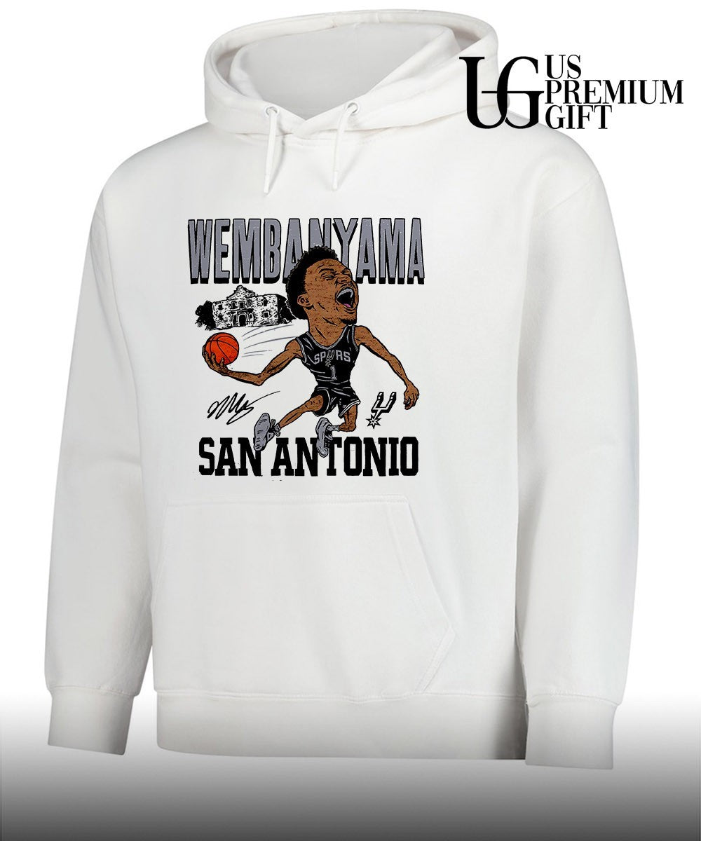 WEMBANYAMA Victor Wembanyama shouting celebrating holding basketball San Antonio Spurs 2024 NBA caricature graphic shirt