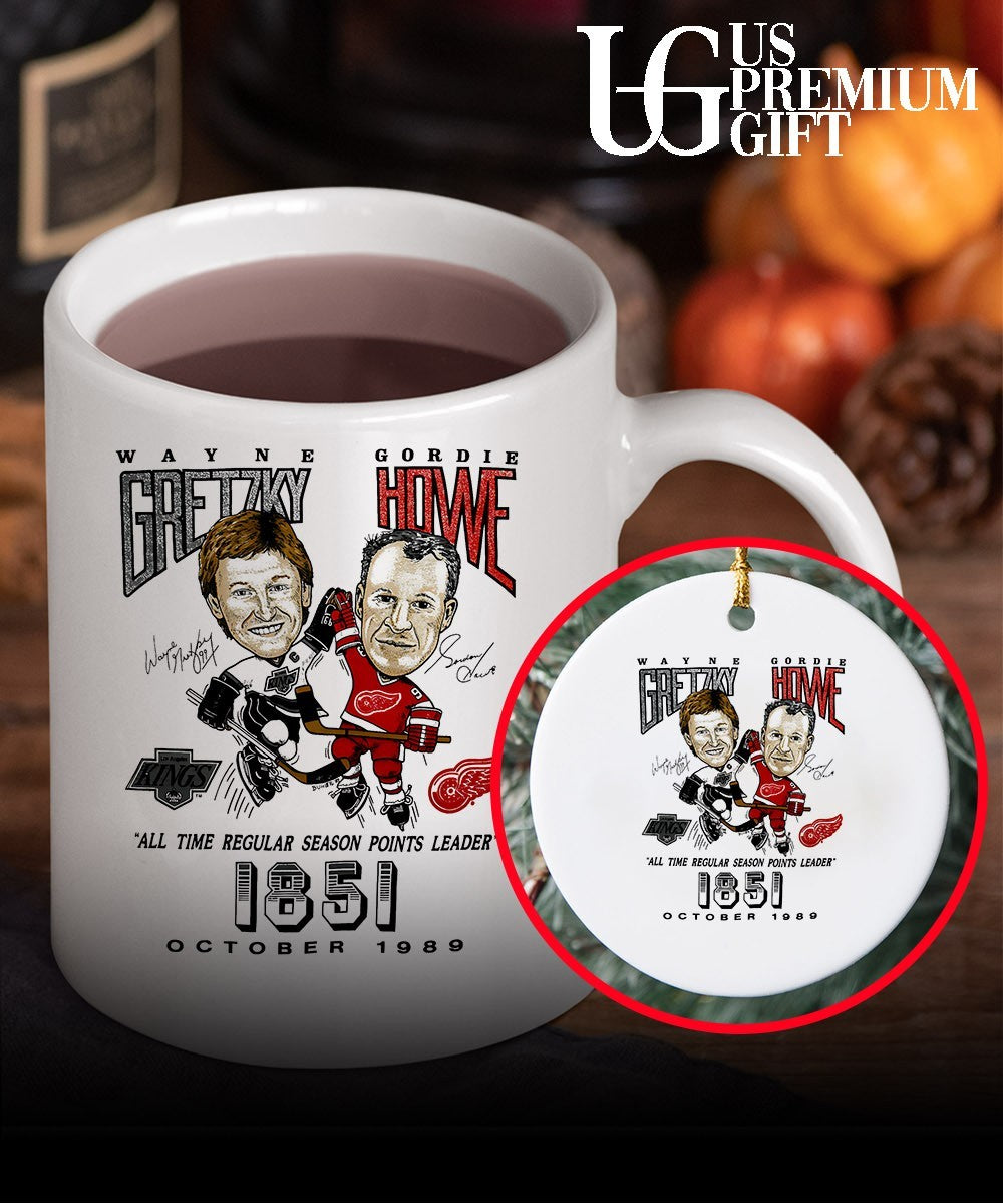 Wayne Gretzky vs Gordie Howe hockey all time regular season points leader 1851 caricature signature shirt