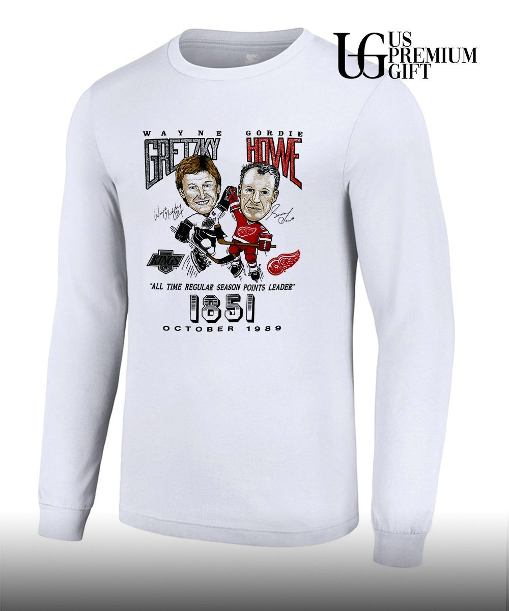 Wayne Gretzky vs Gordie Howe hockey all time regular season points leader 1851 caricature signature shirt