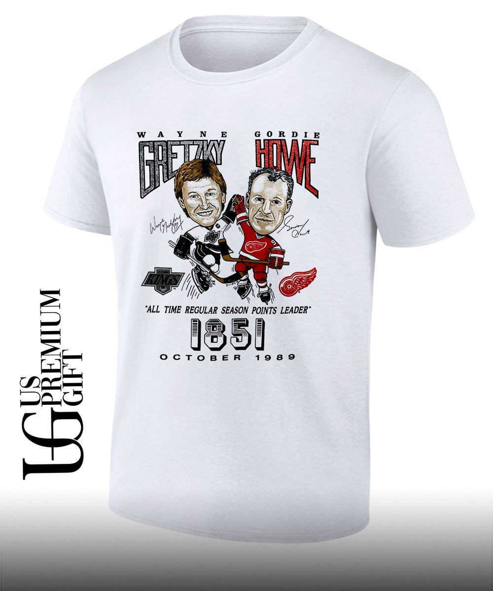 Wayne Gretzky vs Gordie Howe hockey all time regular season points leader 1851 caricature signature shirt