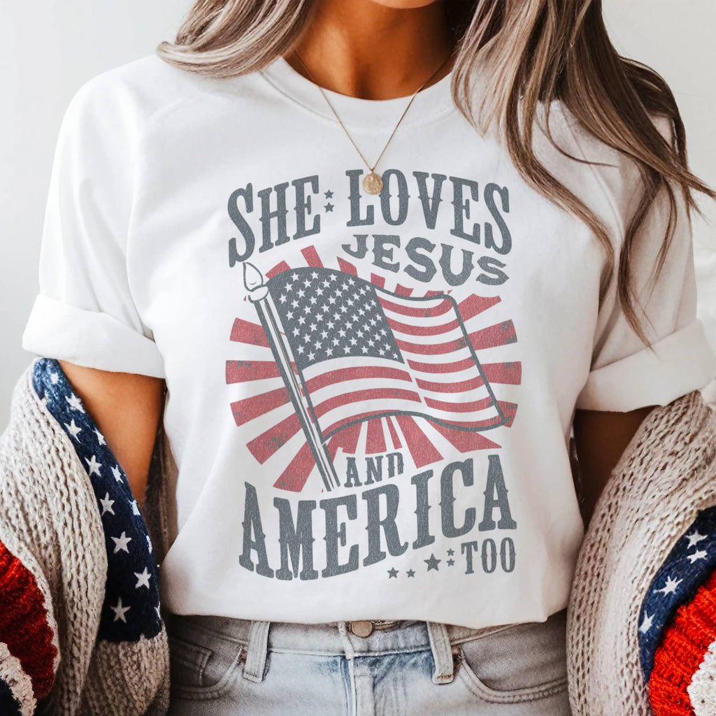 Vintage USA She Loves Jesus and America Too Graphic Tee