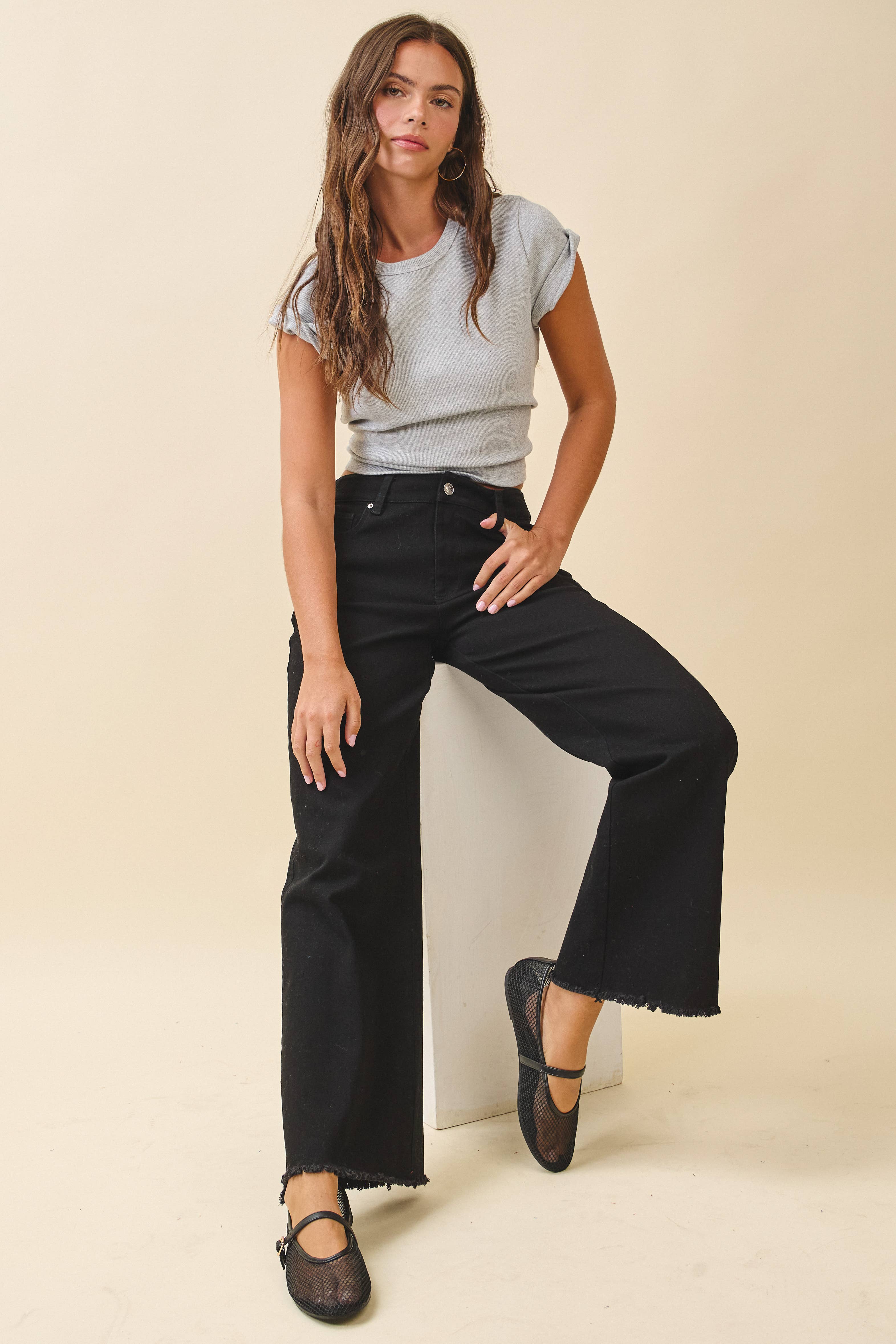 7164GK Wide Leg Raw Hem Denim Pants