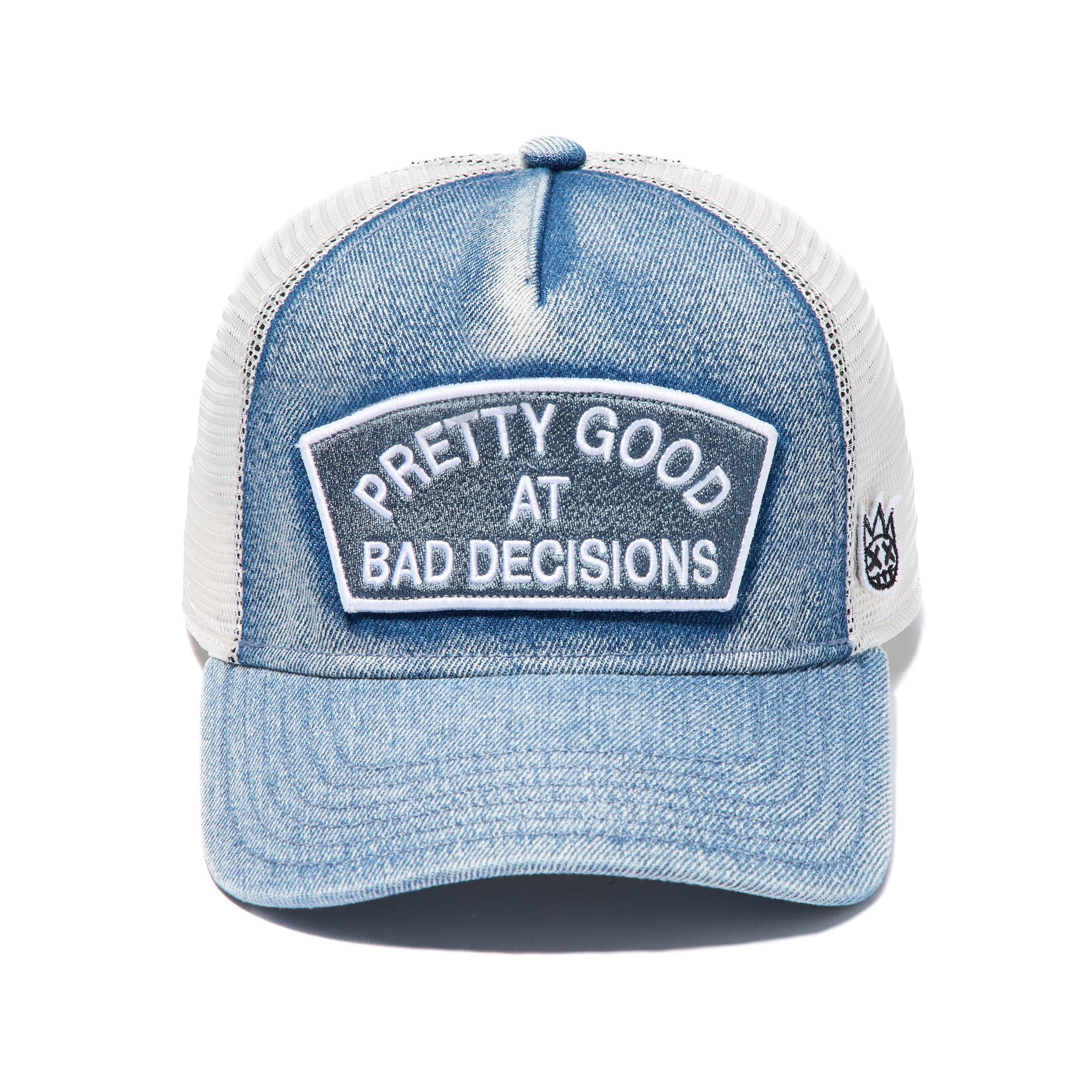 Cult's Mesh Trucker Hat "Good At Bad Decisions" in Denim