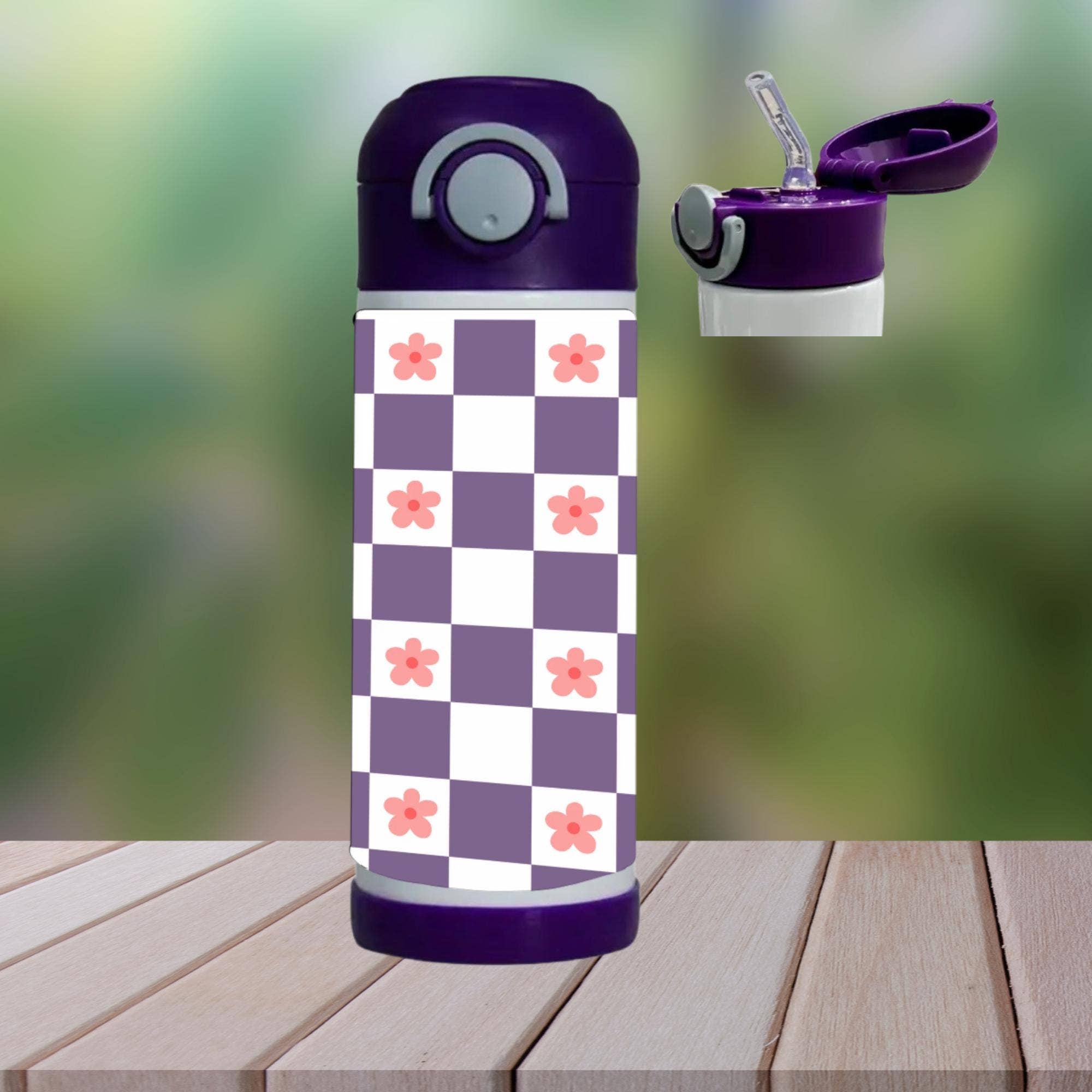 Floral Checkered 12 oz Kids Water Bottle