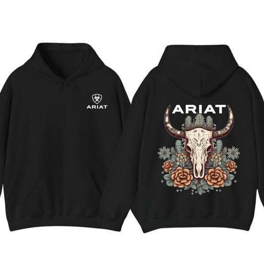 Ariat Hoodie - Tshirt, Featuring A Bull Skull Design With Unique Cactus Floral Patterns, Perfect For Outdoor Adventures, Casual, Classic Fashion Cotto