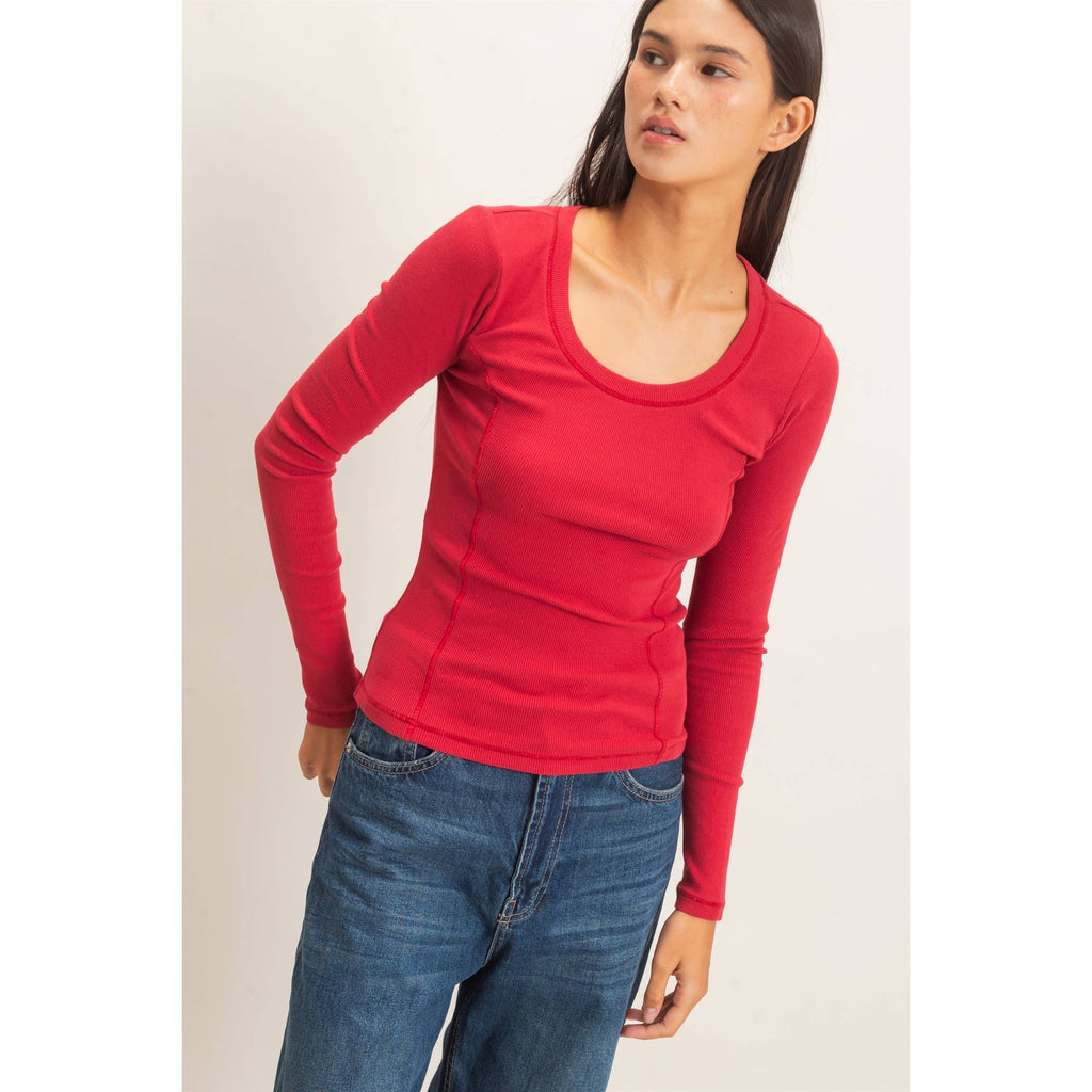 Pigment Dye Seam Detail Scoop Neck Top