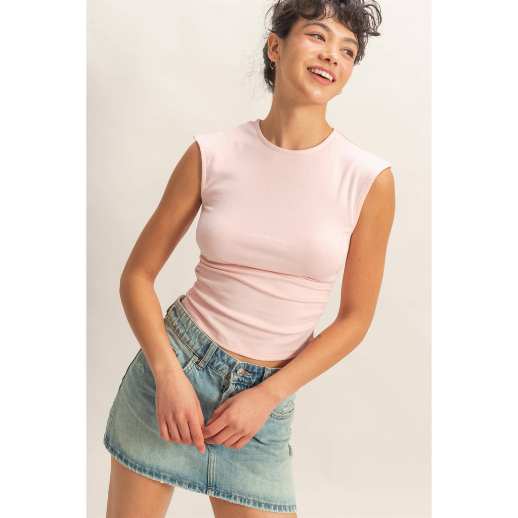 Ruched Waist Cap Sleeve Top