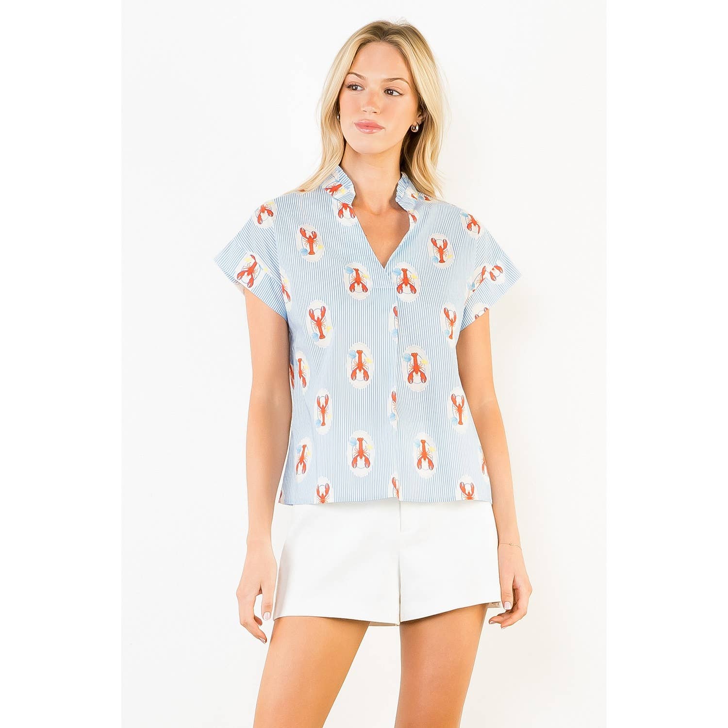 Striped Short Sleeve Lobster Print Top