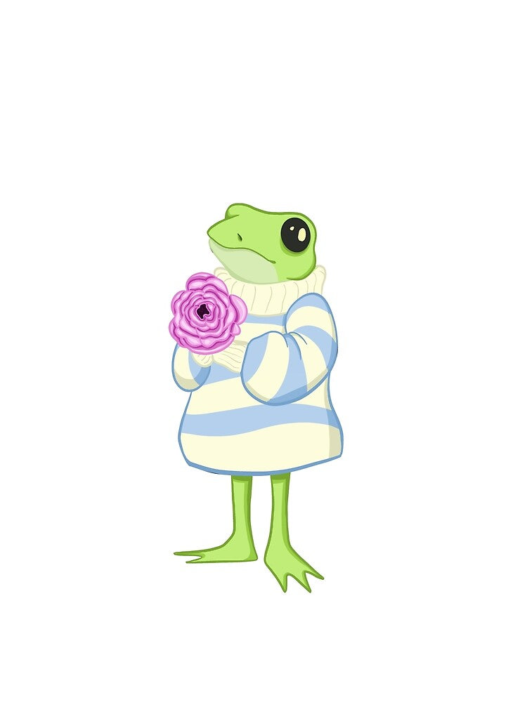 Frog in oversized sweater holding a flower by HoneysArts