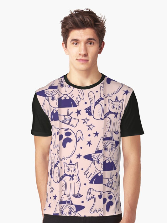 Pink cartoon sketch Halloween watercolor pattern, boo, trick or treat, pumpkin, black cat, skull, spider web, witch stick, bat, witch hat, latest Halloween bestselling, trending Graphic T-Shirt