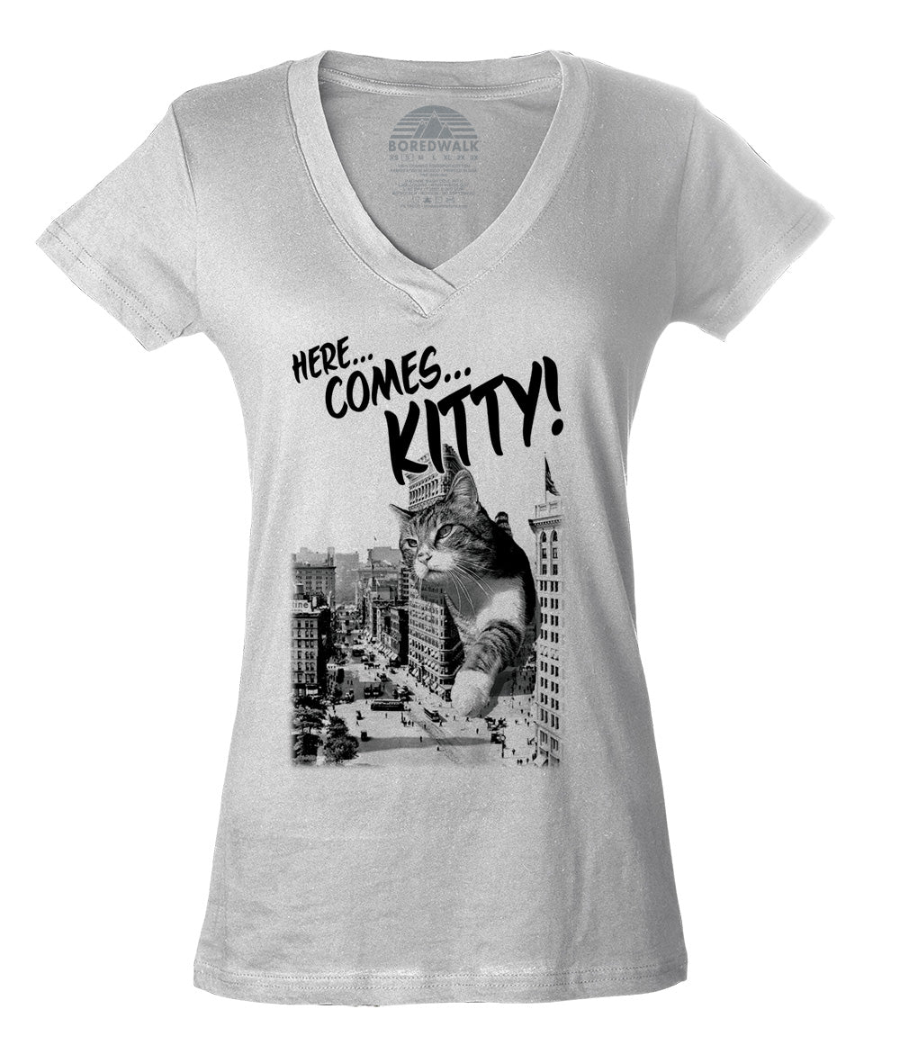Women's Here Comes Kitty Vneck T-Shirt Funny Giant Cat TShirt