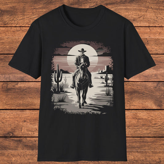 Vintage Cowboy Desert Scene Shirt, Retro Western Graphic, Southwestern Desert Rider Shirt, Country Western Tee, Cactus and Sunset Design