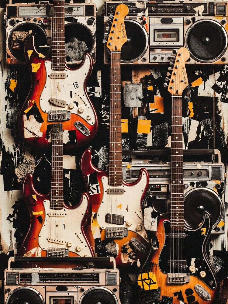 Grunge Sound Riot Stickerbomb – Vintage Guitar & Boombox Collage by ShirtsOfDeath
