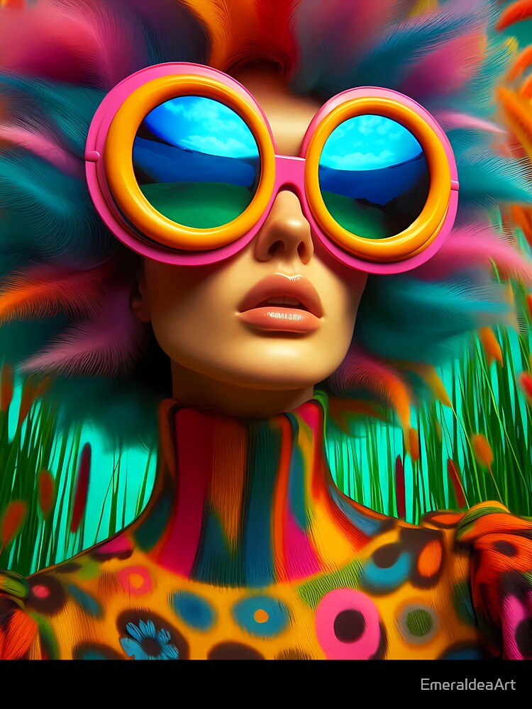 Retro Crazy Oversized colorful retro glasses on a woman and has colorful grassy hair surreal abstract portrait by EmeraldeaArt