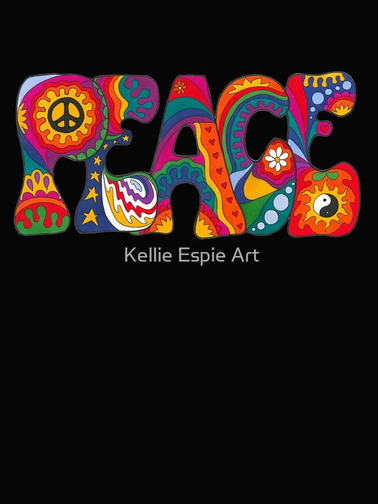 Psychedelic Peace Word Art – Retro Hippie Rainbow Groovy Peace Design by Kellie Espie Art
