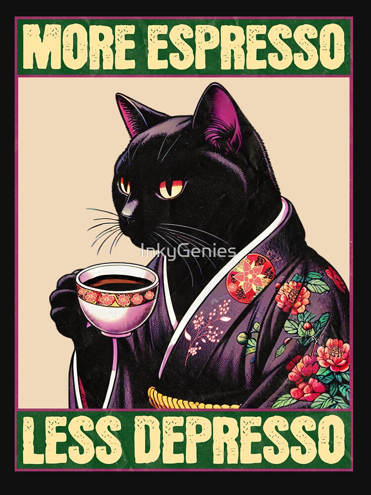 More Espresso Less Depresso Meme - Funny Coffee Cat Vintage Poster by InkyGenies