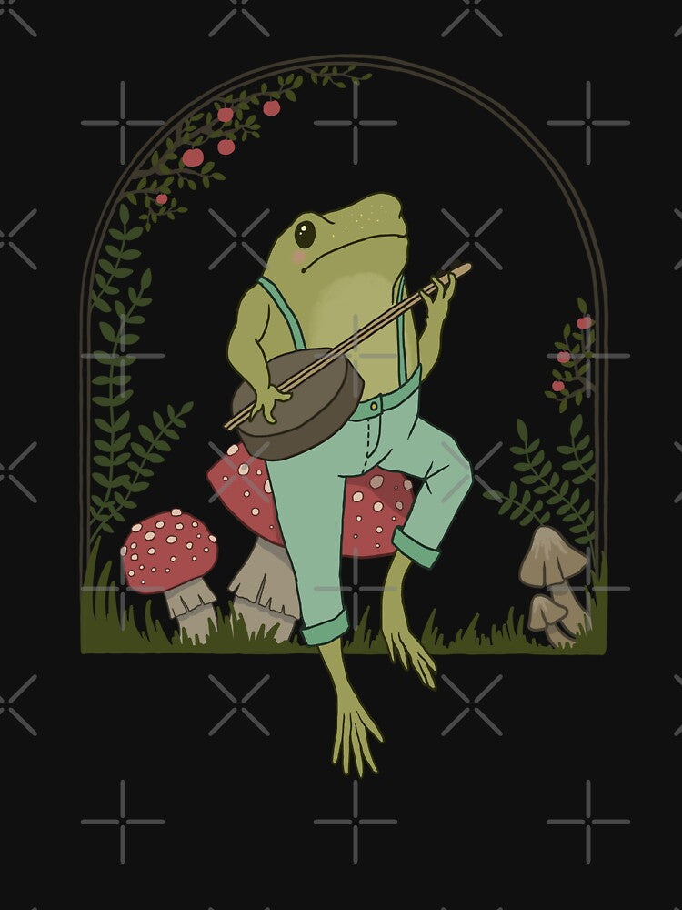 Cottagecore Aesthetic Frog Playing Banjo on Mushroom: Cute Vintage Goblincore Farmer Toad in Garden, Emo Grunge Fairycore by MinistryOfFrogs