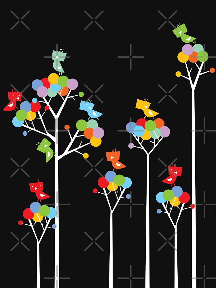 Colorful Whimsical Tweet Birds On White Branches Of Dotted Trees © fatfatin by fatfatin