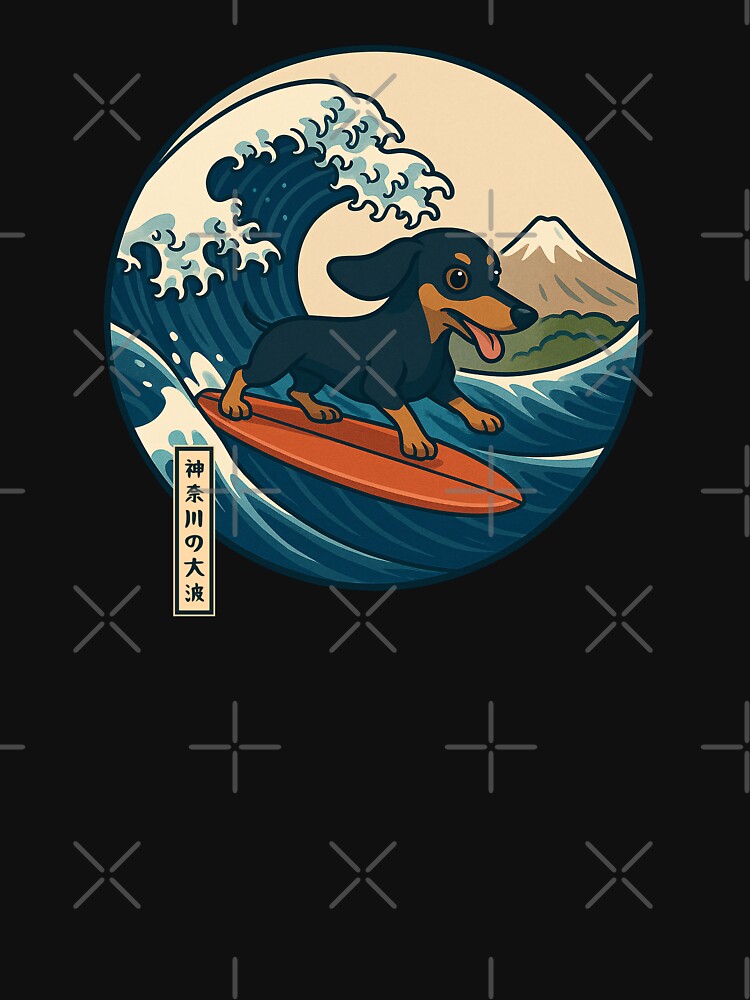 Funny Dachshund Japanese Kanagawa Wave Japan Surfing Mom Dad Kids by rafaeltto