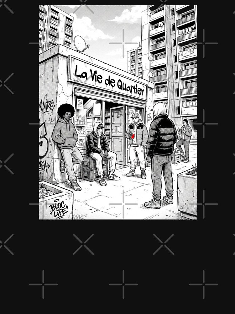 Neighborhood Life - Block Life - Black and White Urban Street Art Illustration by PLUSHIWORLDtm