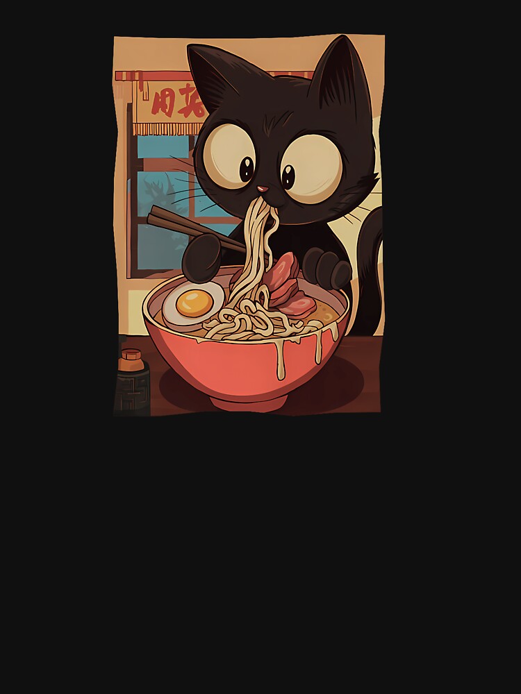 Funny Anime Cat Eating Ramen Japanese Noodles by cawtoon