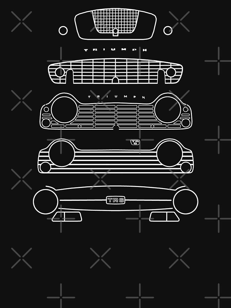 Triumph TR evolution classic 1950s-1960s British sports cars white outline graphic by soitwouldseem