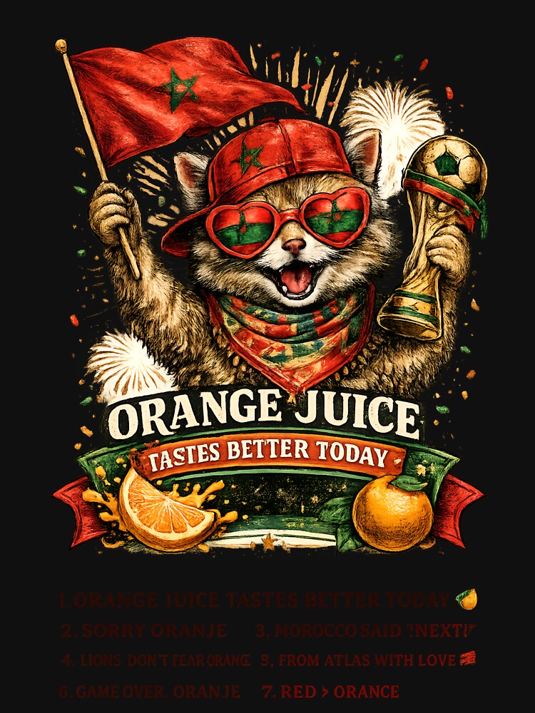 Orange Juice Tastes Better Today Funny Morocco Cat Football 2026, Moroccan Soccer Fan Vintage Graphic by Zizo-DR44