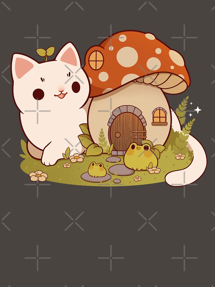 Mushroom house with cat and frog friends by Rihnlin