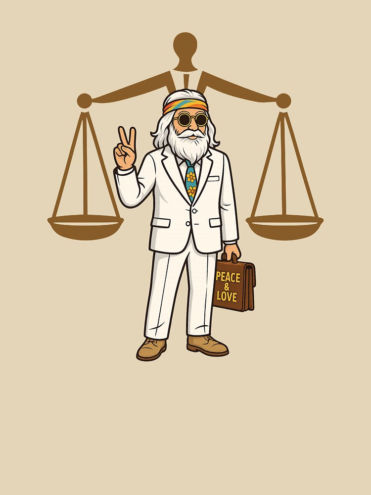 Elderly White Hippie Lawyer – Peace and Love Legal Humor Design by Lunaria Arts