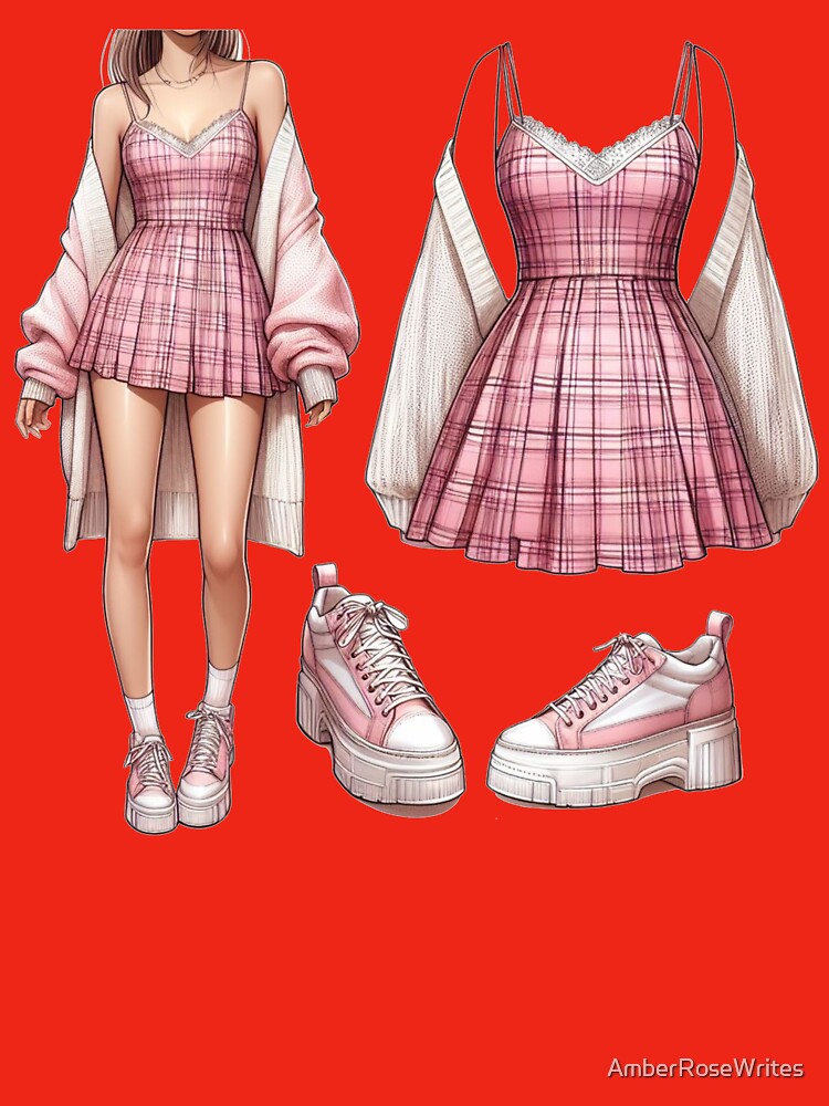 Pink Plaid Sundress - Oversized Cardigan - Y2K Fashion Drawing by AmberRoseWrites