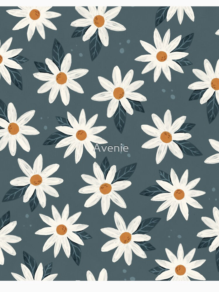 Boho Daisies Floral Print In Midnight Teal by Avenie