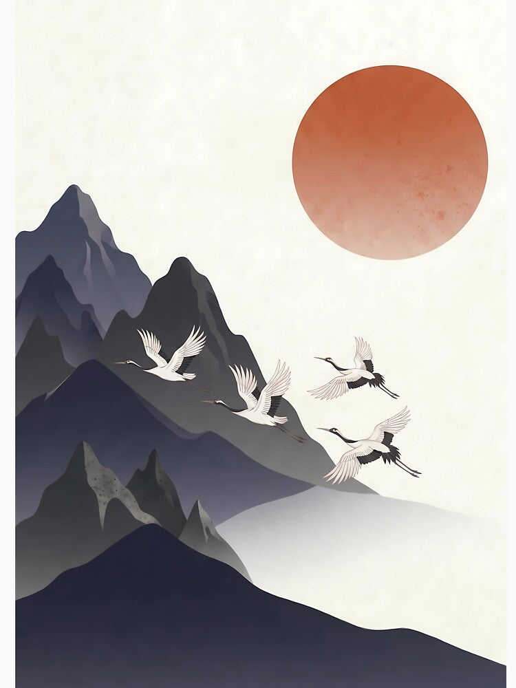 Minimalist Wa-Modern Landscape: Red Sun, Cranes & Mountains by Hikariha Studio
