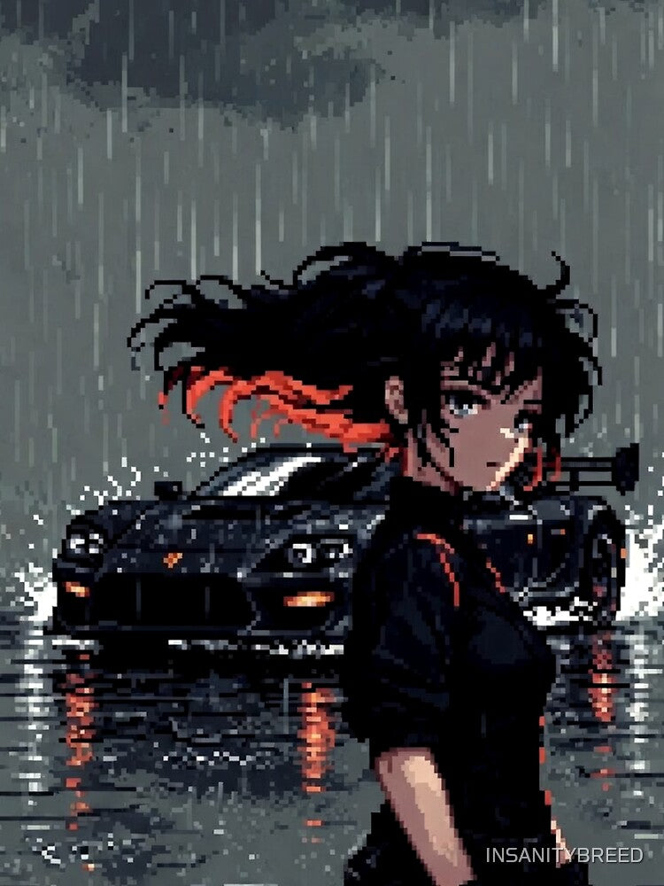 insanity Pixel - Pixel Art Cyberpunk Girl on Motorcycle in Rain by INSANITYBREED
