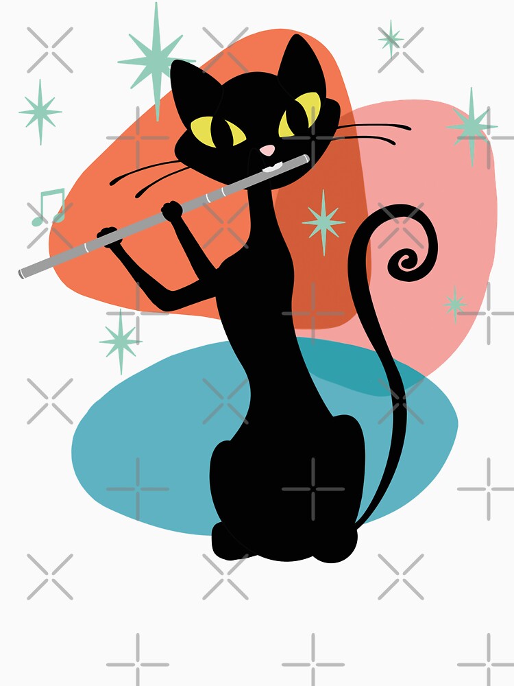 Retro Cat Flutist, Elegant Mid Century Cat Playing Flute by Jazznote
