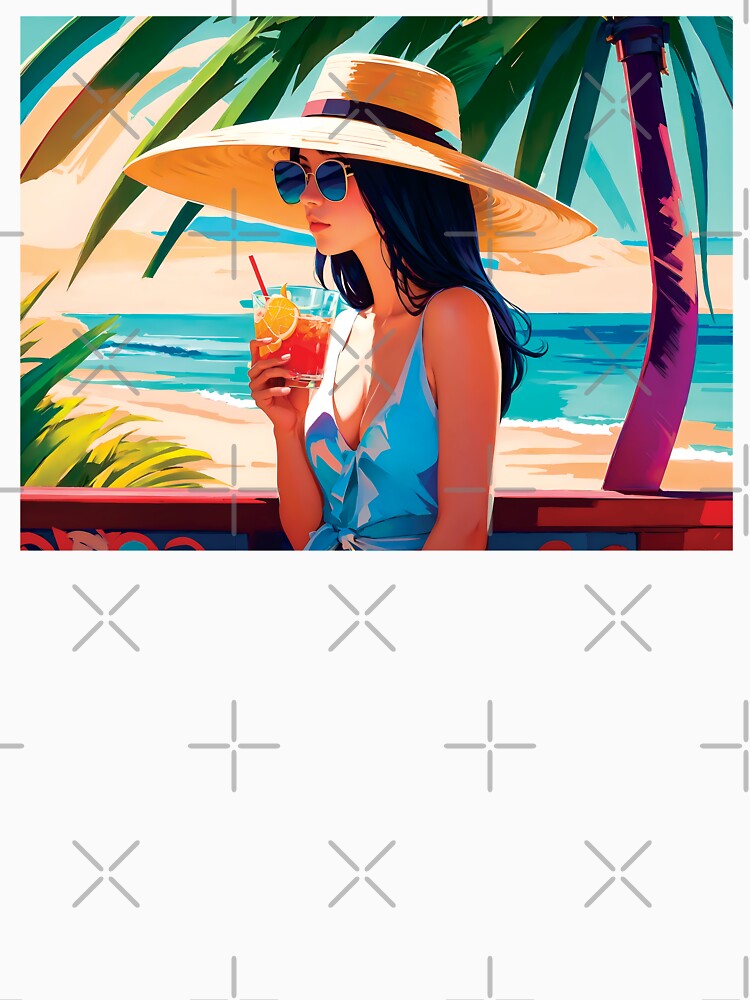 Stylish Vacation Girl In Summer Dress Enjoying Holidays On A Beach Drinking Under A Palm Tree Simplistic Poster by TriniTeeClub