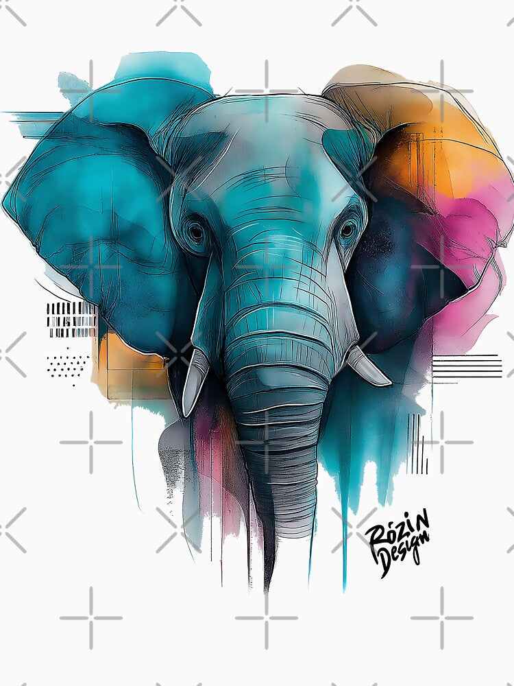 Vibrant Elephant Portrait – Turquoise Color Splash Line Art by Rozin-Design