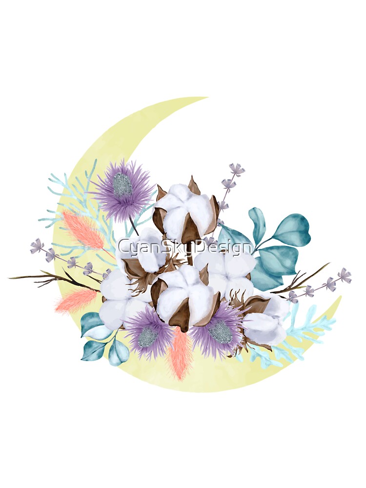 Rustic Southern Watercolor Botanical Floral & Cotton Boll on Crescent Moon by CyanSkyDesign