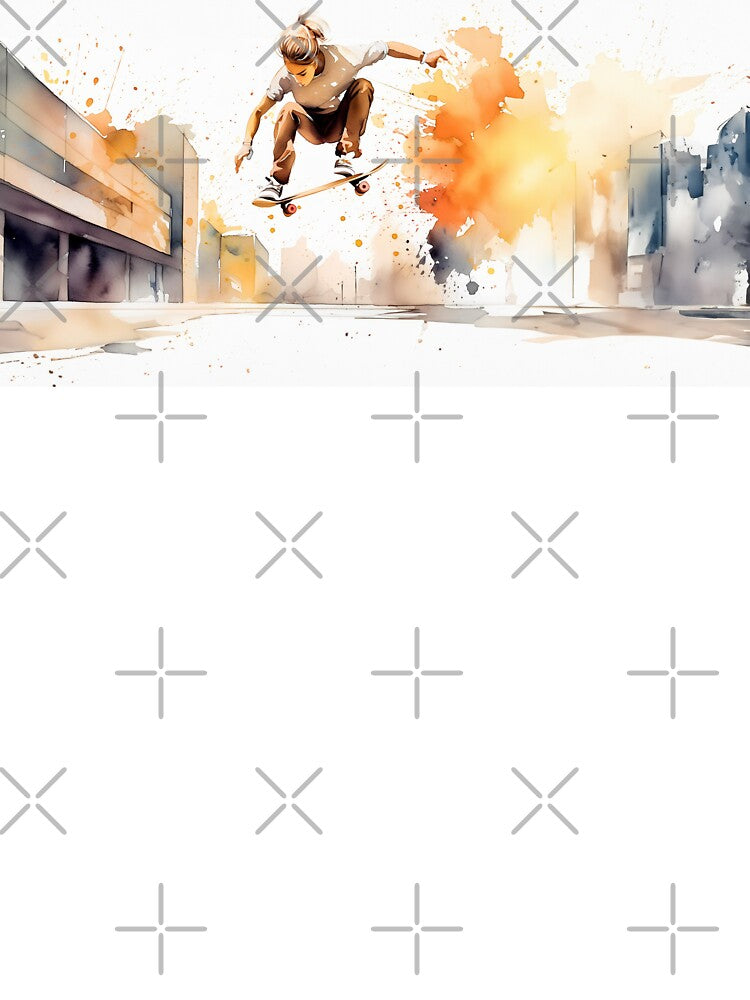 Skater mid-air against a vibrant cityscape, depicted in dynamic watercolor strokes by homydesign
