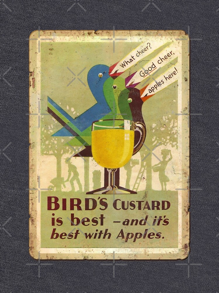 Vintage Bird’s Custard Advert (rusty sign style) - Best With Apples - Nostalgic Dessert Ad by RetroTeeStudio