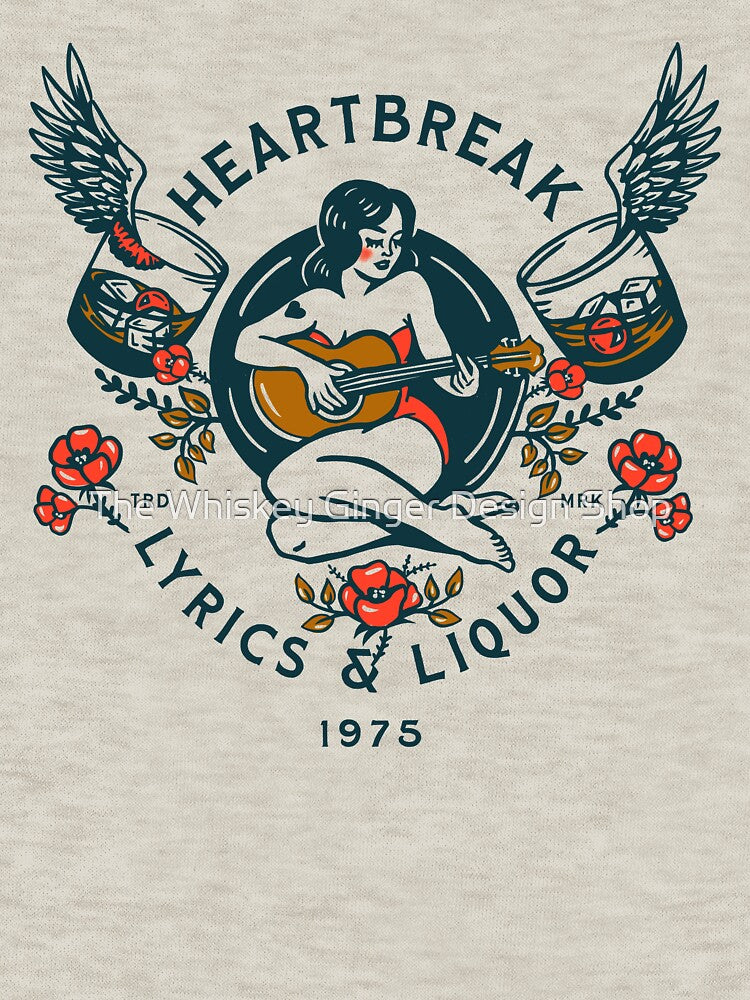 "Heartbreak Lyrics & Liquor, 1975" Cool Retro Whiskey Pinup Girl Playing Guitar by The Whiskey Ginger Design Shop
