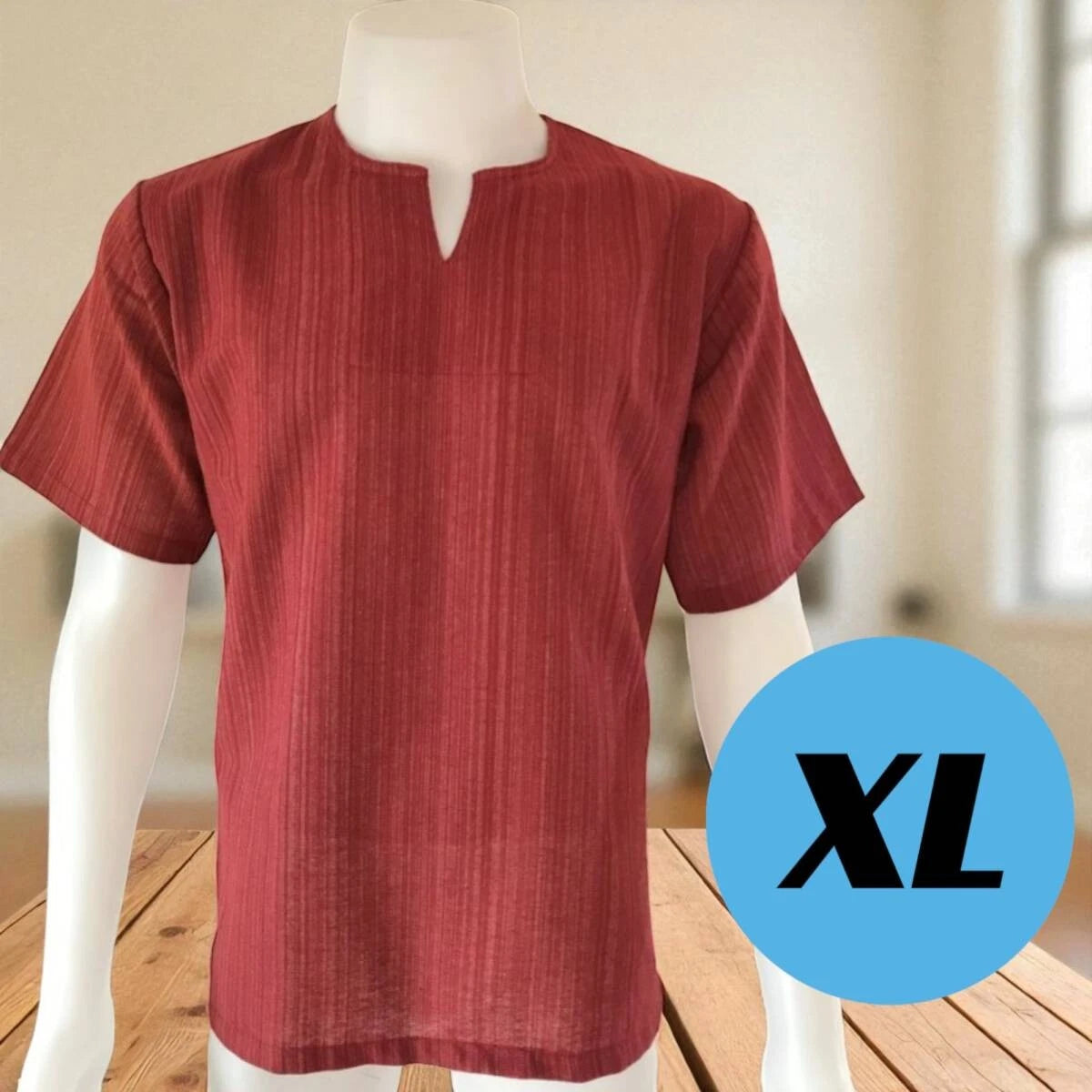 Men s T Shirt XL Red Simple Plain Skipper Neck Asian Ethnic